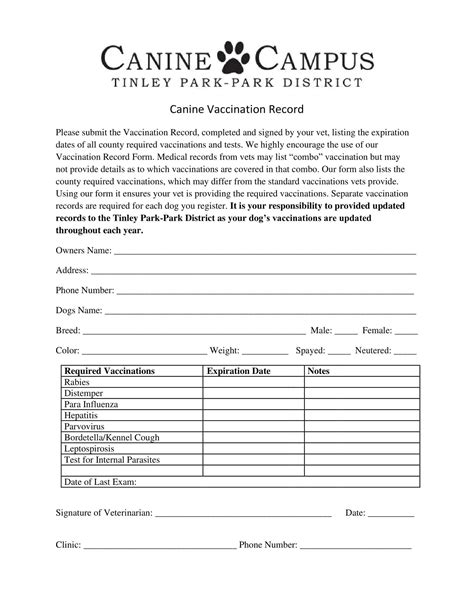 Free Printable Dog Vaccination Record Template: Keep Your Pet's Health ...
