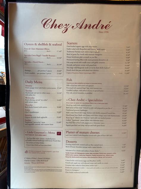 Menu at Chez André restaurant, Paris, 12 Rue Marbeuf