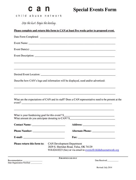 Fillable Online childabusenetwork Special Events Form - CAN ...