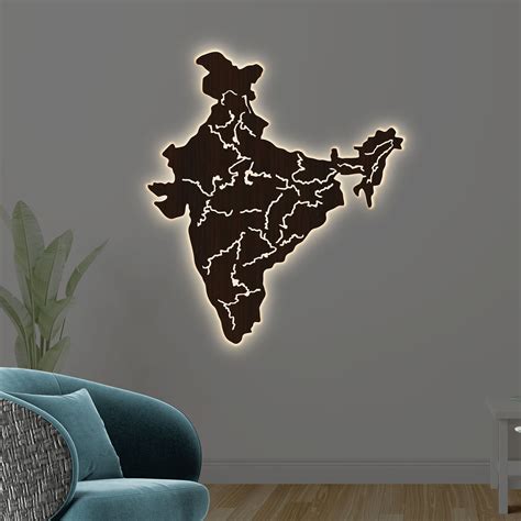 India Map Backlit Wooden Wall Decor with LED Night Light Walnut Finish ...