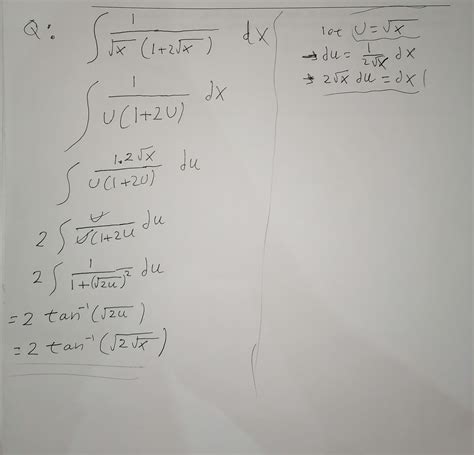 the integration should be ln(1+2sqrt(x)). however, i get a tan inverse ...