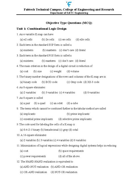 Fabtech Technical Campus: Objective Type Questions on Combinational ...