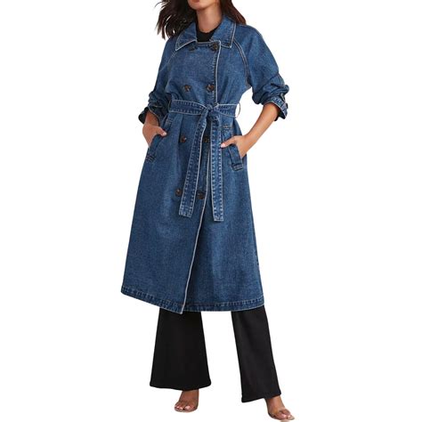Women's Vintage Midi Long Jean Jacket Loose Fit Double Breasted Denim ...