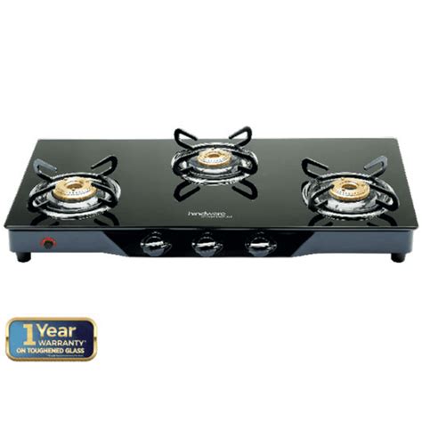 Hindware Cooktop, ARMO GL 3B BLK, 3 Burner Auto Manual Ignition Glass ...