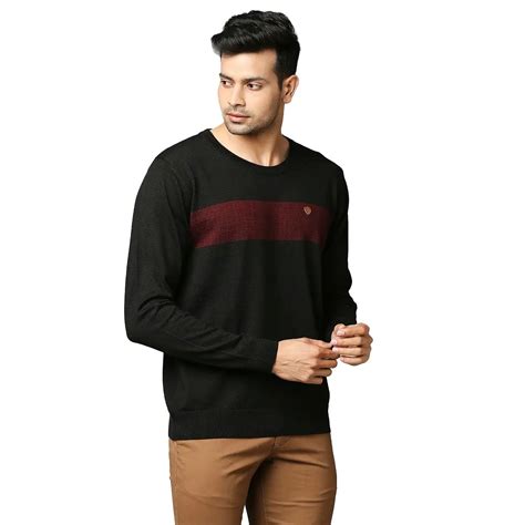 Men Black Stripe Acrylic Wool Blend Round Collar Sweaters – MyRaymond