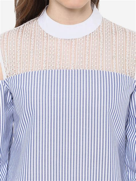 Women's Blue and White Stripe top with Lace detailing – Stylestone