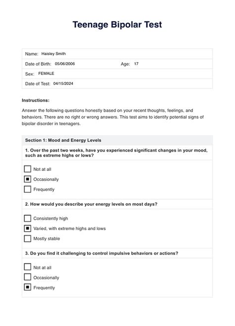 Teenage Bipolar Test & Example | Free PDF Download