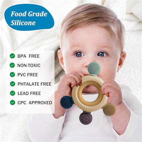 TurtleBee 2-in-1 Teething Toy – Silicone & Neem Wood Baby Teether for ...