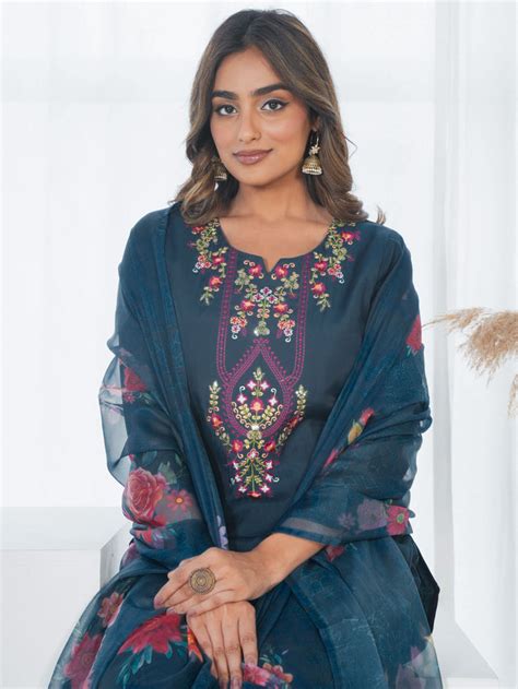 Buy Embroidered Roman silk Solid Straight Teal Kurta, Trousers ...