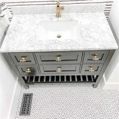 Gray and White Bathroom With White Hexagon Tile Floors - Soul & Lane
