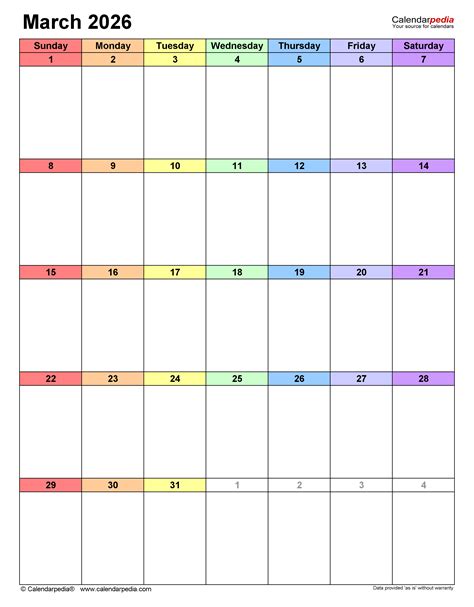 March 2026 Calendar | Templates for PDF, Excel and Word