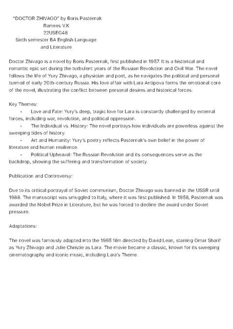 BA English 22USEG48: Doctor Zhivago - Themes & Analysis - Studocu