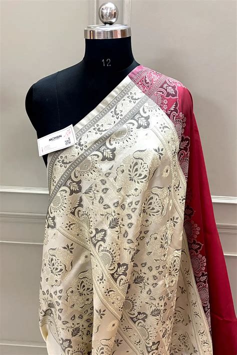 Maroon and Beige Plain Resham Silk Banarasi Saree – Mohsin Textiles