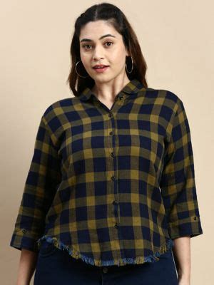 Buy SHOWOFF Womens Checked Regular Club Collar Olive Shirt Online
