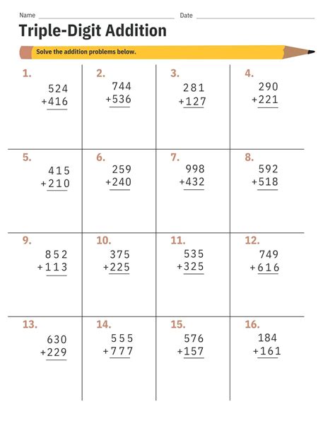 Triple-digit Addition Math School Assignment Worksheet Printable Instant Digital Download PDF - Etsy