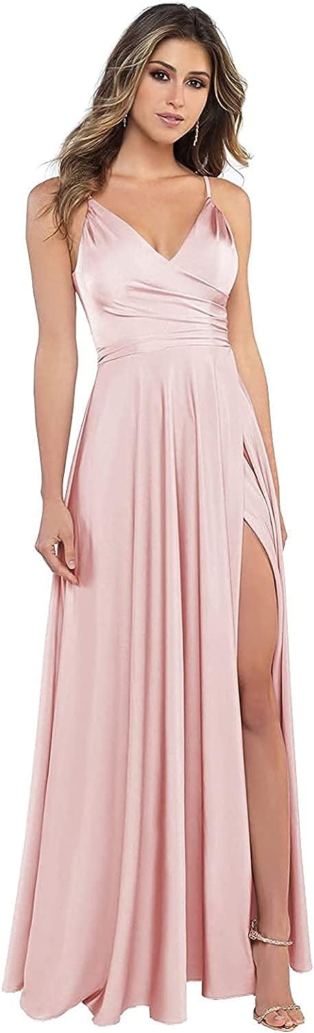 Buy Spaghetti Straps Satin Bridesmaid Dresses with Slit Long for Women ...