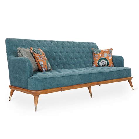 Koki - Three Seater Teak Sofa, Brass Accentuations | Alankaram