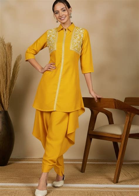 Women Yellow Embroidered Tunic with Harem Salwar Coord Set - Winered ...