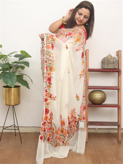 Off White Embroidered Kashmiri Aari Work Georgette Saree - Luxurionworld