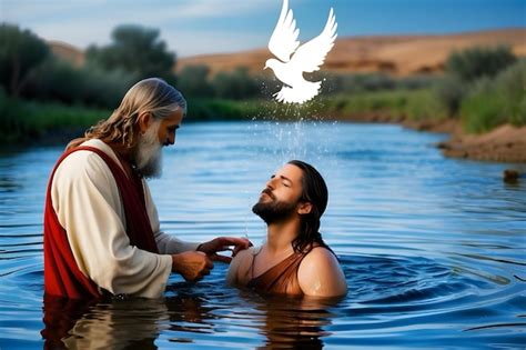Abstract illustrative depiction of the baptism of jesus at the river ...
