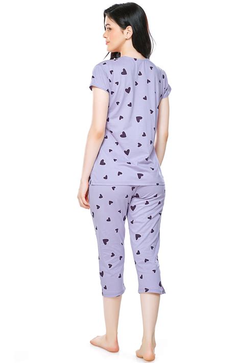 ZEYO Womens Cotton Violet Heart Printed Capri set