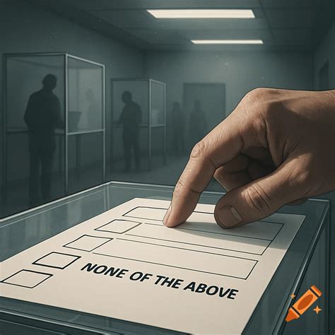A hand points at a ballot in a polling booth, with the option 'NONE OF ...