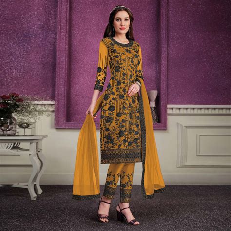 Yellow Floral Embroidered Soft Net Partywear Suit
