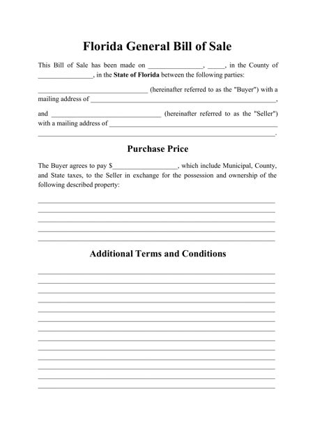 Florida Generic Bill of Sale Form - Fill Out, Sign Online and Download ...