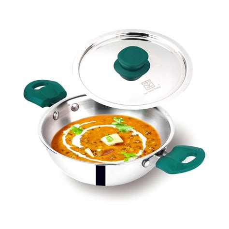 The Indus Valley Triply Stainless Steel Kadai/Kadhai with Green Handle ...