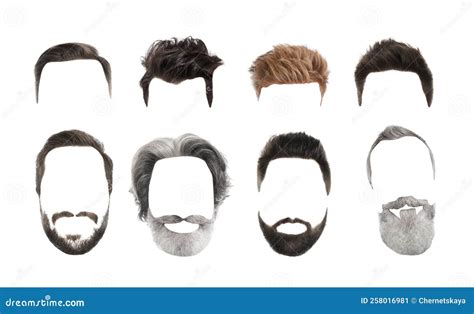 Fashionable Men`s Hairstyles and Beards Isolated on White, Collage ...