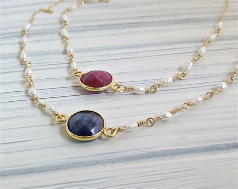 Birthstone Necklace September Sapphire and Pearl 14K Gold - Etsy India