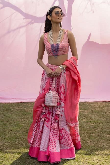 Buy Pink Lehenga And Blouse Chanderi Silk Printed Resham Scoop ...
