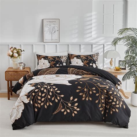 Amazon.com: mixinni Black Floral Duvet Cover Twin XL Size, 3 Pieces ...