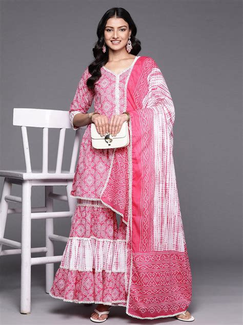 Buy Pink Printed Cotton Anarkali Kurti With Sharara & Dupatta Online at ...