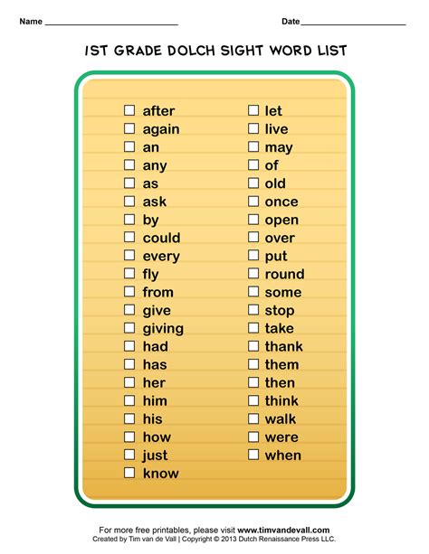 Dolch Sight Words List Printable