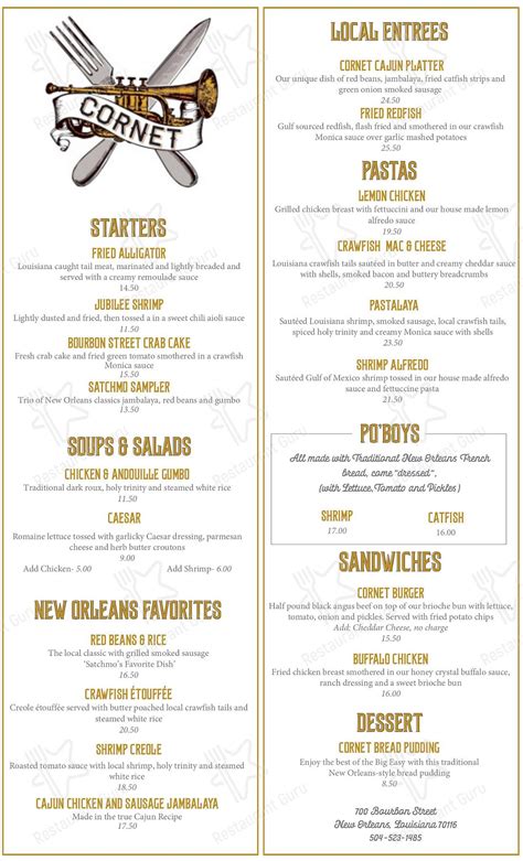 Menu at Cornet pub & bar, New Orleans