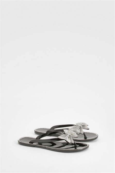 Rhinestone Bow Detail Flip Flops | boohoo USA