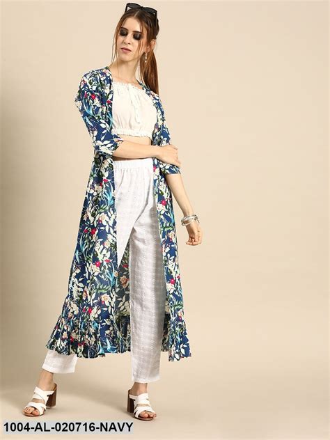 Navy Blue & White Printed Open Front Longline Shrug With Gathers ...