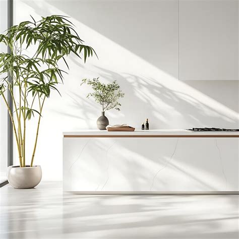 Minimalist kitchen interior design with natural light and green plants ...