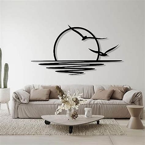 Sunrise Metal Wall Art, Sun and Seagulls Wall Decor, Black Abstract ...