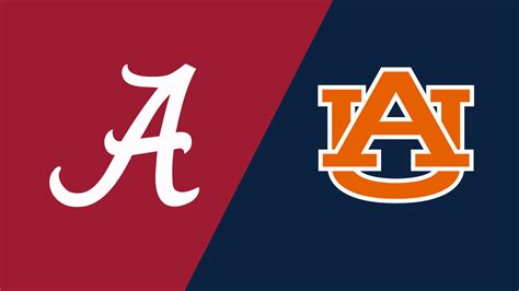 Logo of Alabama Crimson Tide on a red background, alongside logo of Auburn Tigers on a navy blue background, representing the upcoming Iron Bowl football match.