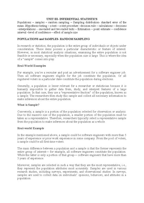 UNIT III-DATA Science - UNIT III- INFERENTIAL STATISTICS Populations ...