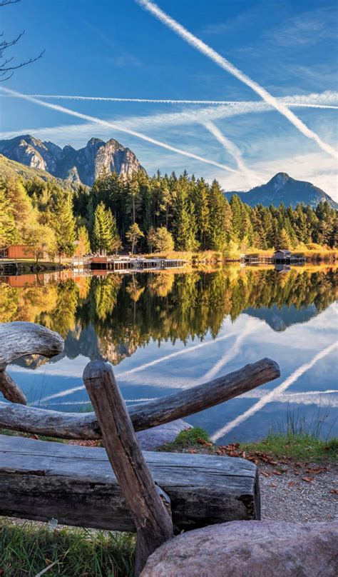 Download wallpaper autumn, mountains, bench, reflection, shore, Alps ...
