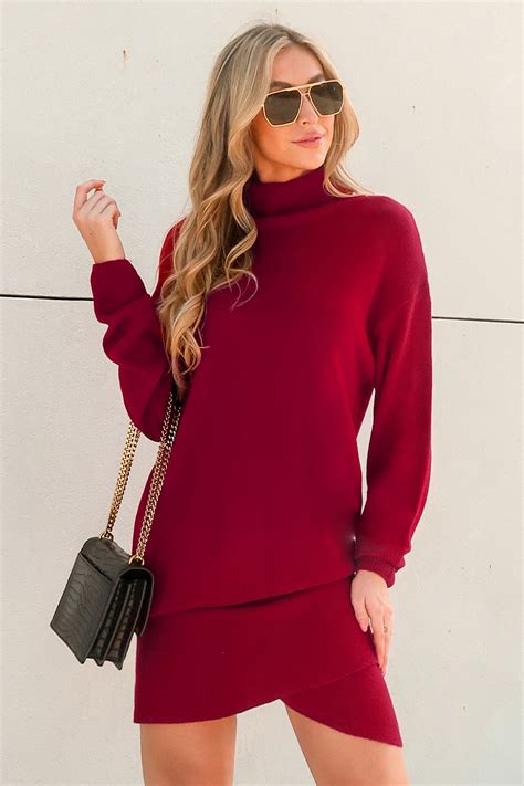 Burgundy Turtleneck Mini Sweater Dress