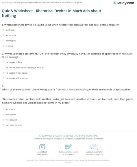 Quiz & Worksheet - Rhetorical Devices in Much Ado About Nothing | Study.com
