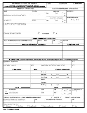 FEMA Temporary Housing Unit Maintenance Work Order - Blank Fillable ...