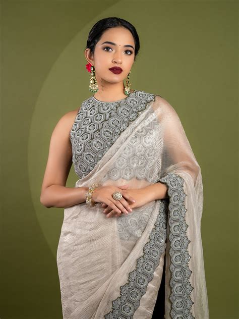 Second Skin I Tissue Crush Organza Cream Colour Saree With Readymade Blouse