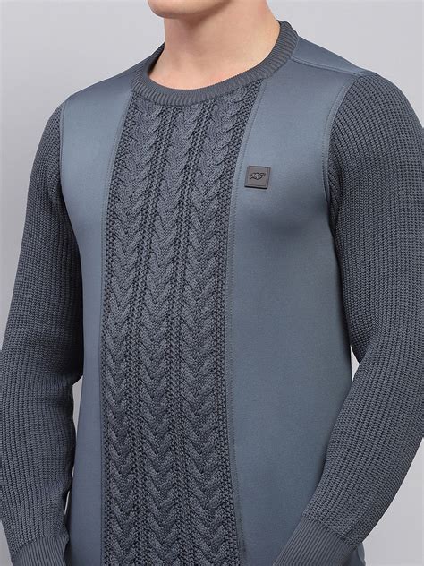 Buy Men Grey Self Design Round Neck Full Sleeve Pullover Online in ...