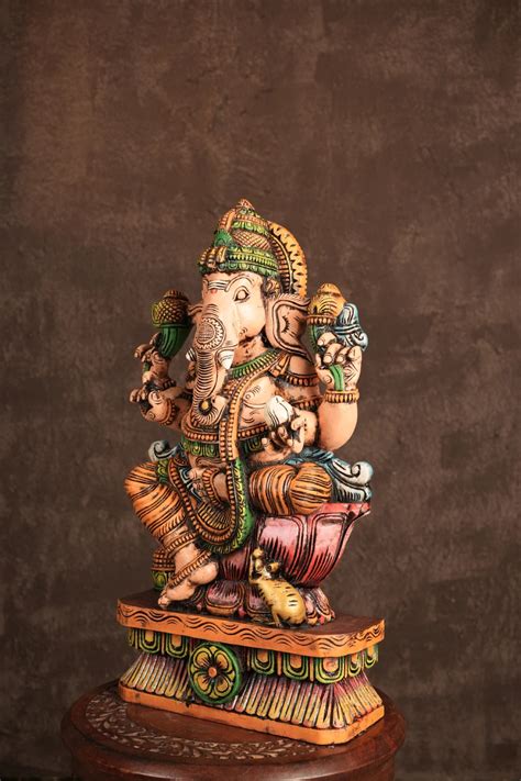Ganesha on Lotus with Mouse – Hand-Carved Wooden Seated Idol ...