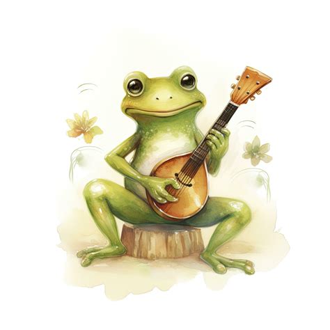 AI generated Watercolor green frog playing a tiny musical instrument on ...